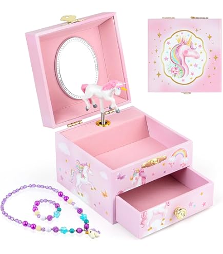 Sieradendoosje met muziek, muziekdoos, meisjes, ballerina, sieradenorganizer, spiegel met eenhoorn, halsketting, armband, ring, oorbellen, cadeau voor