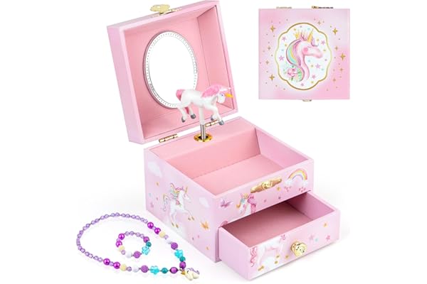 Boîte à bijoux musicale Anyiner pour filles - Boîte à musique pour enfants avec licorne tournante et miroir, cadeaux de licorne pour filles, boîte à bijoux pour enfants anniversaire pour âges 3-10