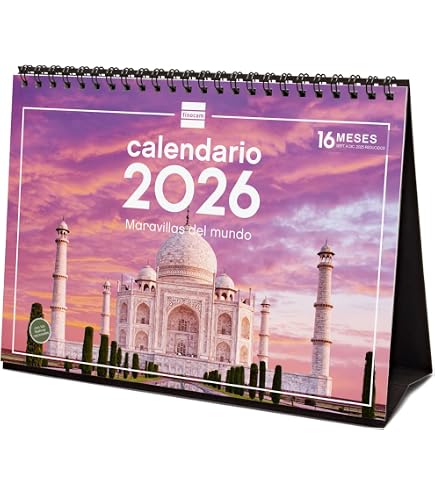 Calendrier De Bureau 2026 Finocam - Janvier à Décembre 2026 + 4 Mois 2025 Réduits - Thème Merveilles Du Monde - Espagnol, Spirale Métal