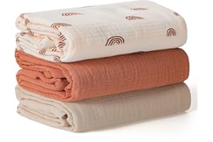 Peepeemax Couverture d’Emmaillotage pour Bébé, Grand Lange Bebe 100x100cm, Ultra Doux et Absorbant pour la Peau Mousseline Couverture pour Bébé Fille et Garçons, Lot de 3, Arc-en-Ciel