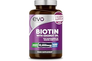 Biotin Hair Growth Supplement 12,000mcg with Coconut Oil | 400 High Strength Tablets for - 13 Month Supply Vitamin B7 Supports Normal Skin & Made in UK by EVO Nutrition