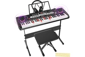 Newfulam Keyboard Piano 61 Keys, Digital Keyboard E-Piano Kit with Music Sticker, Piano Bench, Headphones, Microphone, Piano Stand, Light Keys, Electronic Keyboard Children's Teaching Mode (Black)