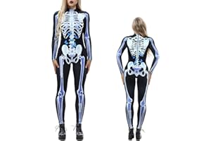 NEWUPZSI Disfraz de Halloween para mujer con estampado de esqueleto, mono estrecho para mujer de manga larga, traje de cuerpo entero para cosplay, carnaval y fiestas temáticas
