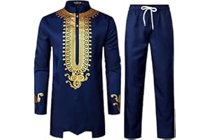 LucMatton Men's African 2 Piece Set Long Sleeve Gold Print Dashiki and Pants Outfit Traditional Suit