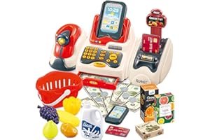 NaXew Toy Till Cash Register for Kids with Scanner, Credit Card, Play Food, Money and Groceries Shopping Basket, Great Childrens Till Gift.