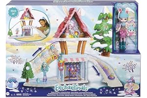 Enchantimals coffret Chalet des Neiges de Bevy Lapin, mini-poupée, figurine animale Jump, 5 espaces de jeu, jouet pour enfant, GJX50