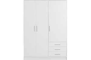 ‎FORTE FORTE Jupiter Schrank 140 150, weißer Kleiderschrank, Drehtürenschrank, 3-türig, mit 3 Schubladen und Einlegeböden, Weiß matt, 145 cm breit x 60 cm tief x 200 cm hoch