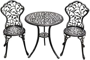 TangXiaoQi Antike gegossene Aluminium Taverne Set, 3-teiliges Set, Gartenmöbel Set mit Zwei Stühlen und rundem Tisch, dekoratives Design, Bronze Aussehen (Blatt)