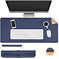 Ewolee Desk Pad, Office Desk Mat 70 * 30cm Natural Cork PU Leather Desk Protector Mat Non-Slip Waterproof Laptop Keyboard Mouse Mat for Office Home School(Dark Blue + Cork)