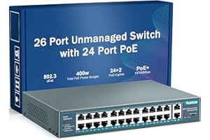 YuanLey 26 Port PoE Switch, 24 PoE+ Port 100Mbps, 2 Uplink Gigabit, 802.3af/at 400W de Alta Potencia, Montaje en Bastidor no Administrado Plug and Play