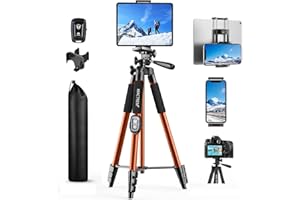 Trípode para iPad iPhone Cámara, MACTREM 165 cm Tripode Cámara de Movil con Remoto Bluetooth para Tableta Smartphone/Huawei/Samsung, GoPro, Nikon, Sony -Naranja