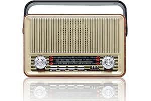 YIFOV Radio Retro, AM FM SW Vintage Radio Bluetooth Speaker, Transistor Radio Battery Operated with 3-Way Power Sources, Rechargeable Radio Support TF Card (Gold)