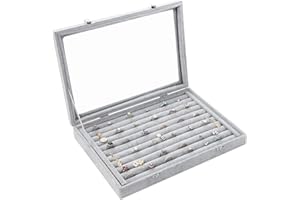 Yewclls Porta Anelli Espositore Gemelli Chiusura a Chiave - Scatole Porta Anelli - Cofanetto Portagioie Grigio con Coperchio in Vetro 35x 24x 4.5cm