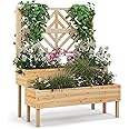 COSTWAY 2-Tier Raised Garden Bed with Trellis, Wooden Elevated Planter Box with Drainage Holes for Climbing Plants Vines, Fruit Vegetable Flower Pot Container for Patio Balcony Yard (Natural)