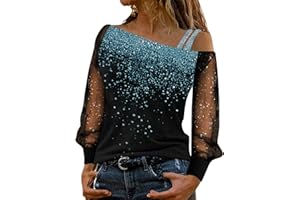 CHENSIYU Glitzer Oberteile Damen Sexy, Lässig Pailletten Oberteile Sexy Tshirt Netz Langarm Einfarbig Shirt Rundhals Bluse Frauen Sommer Party Tunika Tops