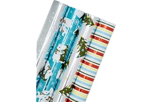 RUSPEPA Rotolo Di Carta Da Regalo Di Natale - Albero Di Natale Blu E Argento, Fiocco Di Neve, Simpatico Orsetto Collezione Holiday Con Lamina Metallica Lucida - 4 Rotoli - 76 cm X 305 cm Per Rotolo