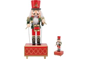 Cabilock 12 Inch Nutcracker Music Box, Wooden Drummer Nutcracker Soldier Figurines, Wind up Clockwork Christmas Music Box Handmade Nutcracker Christmas Decorations for Home Decor Ornaments
