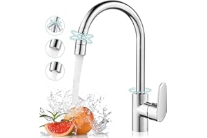 kisimixer Kitchen Sink Basin Mixer Tap, Kitchen Mixer Tap 360 Swivel Spout with Faucet Aerator, Single Lever Kitchen Taps with 2 Function Bubbler Sprayer, Kitchen Sink Tap with G1/2 Fittings, Chrome