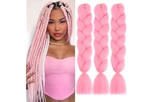 Samtress 24 Inch 3 Packs Solid Colors Braiding Hair Synthetic Afro Braid Hair Extensions 1 Tone for Women Braids Twist Crochet Braids Pink (#Pink)