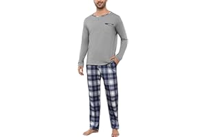Litherday Pyjama Homme Hiver Chaud Coton à Manches Longues Vêtements De Nuit pour Hommes Deux Pièces Pantalon et Haut à Carreaux