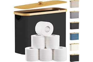 Lifewit 23L Toilet Roll Storage, Bathroom Storage Box Holder Stand with Lid, Bamboo Multifunctional Toilet Paper Basket Cabinet with Handle, Black