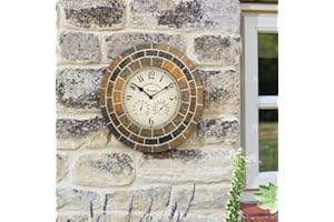 Garden Mile 34cm Stone Slate Outside Clock and Thermometer for Garden Waterproof Barometer Garden Thermometer Outdoor Wall Clock Kitchen Clocks for Livingroom, Patio, Garden