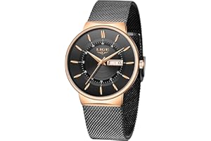 LIGE Men's Watches Black Ultra Thin Minimalist Fashion Wristwatches for Men Business Dress Waterproof Casual Watch for Man with Stainless Steel Mesh Watch