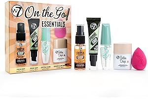 W7 Set regalo On the Go Essentials - Set di trucchi indispensabili in formato mini, con primer, spray fissante, mascara, gocce abbronzanti Golden Glow e spugnetta - Make-up essenziali