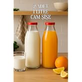 Tanemce 2 Adet 1 Litre Şeffaf S&uuml;rahi S&uuml;t, Ayran, Su, Limonata, Meşrubat Şişesi Plastik Kapaklı Cam Şişe