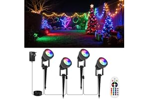 NATPOW Garden Lights Mains Powered, RGB Garden Spike Lights, LED Landscape Spotlights with Remote Control, IP65 Waterproof Pathway Lights for Outdoor Christmas Decorations, Lawn, Pathway Yard (4-in-1)