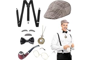 DIKARIYA 20er Jahre Opa Kostüm, Sherlock Holmes Detektiv Kostüm Zubehör mit Hut Elastischer Y-Rücken Hosenträger Fliege Bart Augenbrauen Brille Accessoires für Herren Maskerade Party