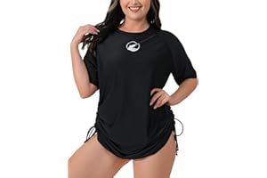 Halcurt Women's Plus Size Short Sleeve Rash Guard Ruched Side Drawstring Adjustable Swim Shirt UPF50 Quick Dry Swimsuit Top