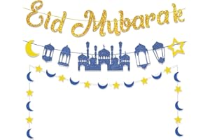 PARSUP Eid Decorations, Eid Mubarak Banner with Moon Star Paper String Eid Decorations for Home Eid Bunting Eid Banner for Islamic Party Decorations