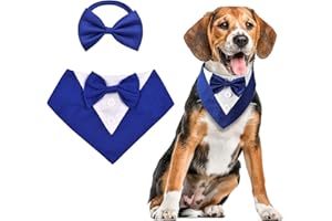 URROMA 1 Piece Formal Dog Tuxedo Bandana Collar and 1 Piece Bow Tie Collar, Dog Wedding Bandana Collar with Bow Tie Adjustable Collar Formal Tux Dog Bowtie for Dogs Pets, L