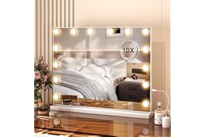 Aovquof Lustro Hollywood z oświetleniem LED, 14 diod, 3 tryby świecenia, USB, 10-krotnym powiększeniem, blat stołu lub uchwyt ścienny do sypialni (50 x 40 cm)