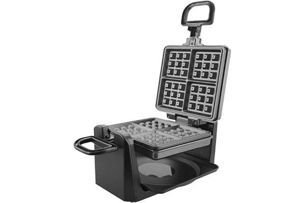 Emerio WM-110984.4 Gaufrier rotatif pour 4 gaufres belges en même temps, avec fonction rotative professionnelle, plaques antiadhésives, régulateur de température, 1000 W, « bien testé », argenté,