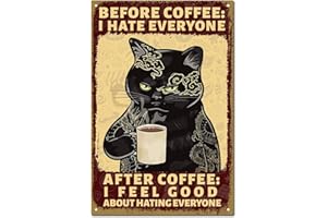 CREATCABIN Tatoué Chat Noir Signe Vintage Café Métal étain Signe D’Affiche Décor Mural Peinture Rétro Plaque De Fer Art Mural Suspendu pour Maison Cuisine Salon Café Cadeau Décoratif 30x20 cm