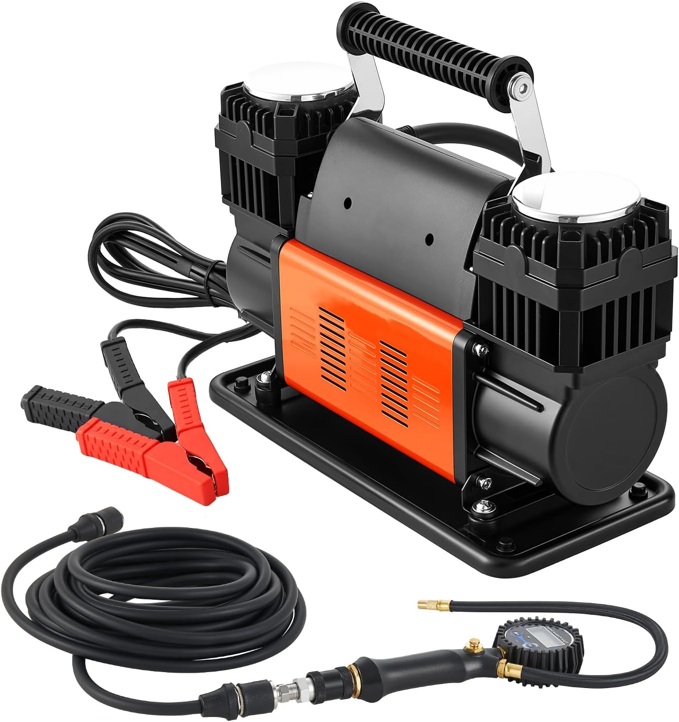 VEVOR Compresor de Aire de Doble Cilindro para Trabajo Pesado, Inflador de Neumáticos Portátil 300 L/min, con Manómetro Digital y Adaptadores a Camiones, SUV y Autocaravanas, 365 x 150 x 227 mm