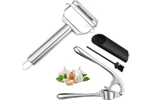 Presse-ail en inox + Eplucheur en inox pour fruits et légumes.Ecrase-ail facile à utiliser. Econome avec lame ultra-tranchante pour pommes de terres. Poignée ergonomique et antidérapante.Press garlic