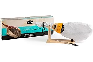 NICO JAMONES Grand jambon arrière Serrano, en kit avec porte-jambon et couteau, un super cadeau