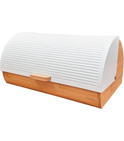 Cozary Boîte à Pain avec Couvercle en Bambou, 6L Grande Panière de Rangement pour Baguette, avec Sac à Pain en Lin, 37x22.5x14cm, Fond Antidérapant, pour Une Longue Fraîcheur(Blanc