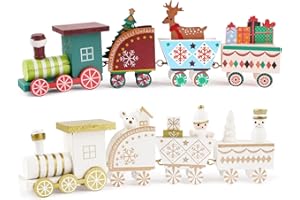 FLOFIA 2pcs Pequeño Tren Navideño de Madera con 4 Vagónes Variados 20x6x3cm, Mini Tren Madera de Navidad, Adorno de Navidad para Decoración Regalos Navideños Mesa Escaparate, Blanco + Colorido
