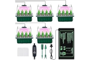 YAUNGEL Seed Starter Tray with Grow Light, 5 Pack Seed Starter Kit with Heat Mat, Seedling Starter Trays with Timing Controller Adjustable Brightness, Thicken Trays with Humidity Domes Heightened Lids