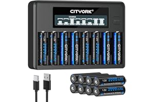 CITYORK Ładowarka do akumulatorów z akumulatorem AA 16 x 3000 mAh, do akumulatorów AA, AAA Ni-MH, 8 gniazd LCD, zestaw ładowarek