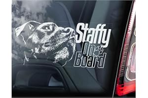 Staffy on Board Car Window Sticker, Vinyl Decal Sign, Pet Staffie Owner Gift, Beware of the Dog Warning Sign -V05WB (WHITE - 