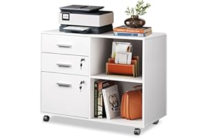 ‎DEVAISE DEVAISE Rollcontainer mit 3 Schubladen und offenen Ablagen, Mobiler Aktenschrank mit Rollen, Druckertisch für DIN A4/Legal/Letter, Abschließbarer Schrank für Büro und Home Office, Weiß