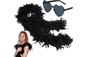 ATBEAMEN 2m/6.6ft Black Feather Boa for Women Girls,80g Natural Turkey Feather Boas and Heart Sunglasses Fancy Dress for Adult,Kids,Fluffy Boa Feather Scarffor Dancing Bachelor Hen Halloween Xmas Party