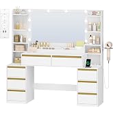 HEXCELEN 135 cm Headpiece with Integrated Power Outlets, White-Gold | Makeup Vanity with LED Light, Dimmable Lighting, Large