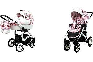 Babylux Tropical Baby Poussette 2en1 Profonde et Poussette Avec Accessoires Réglable et Pliable Construction en Aluminium Léger 2 Options de Montage Imperméable Hibiscus