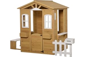 Outsunny Spielhaus Kinderspielhaus aus Holz mit Tür Fenster Pflanzkasten Briefkasten Bank Wetterfestes Gartenhaus für Jungen und Mädchen 3-6 Jahre Kinderspielzeug für Outdoor & Indoor Gelb